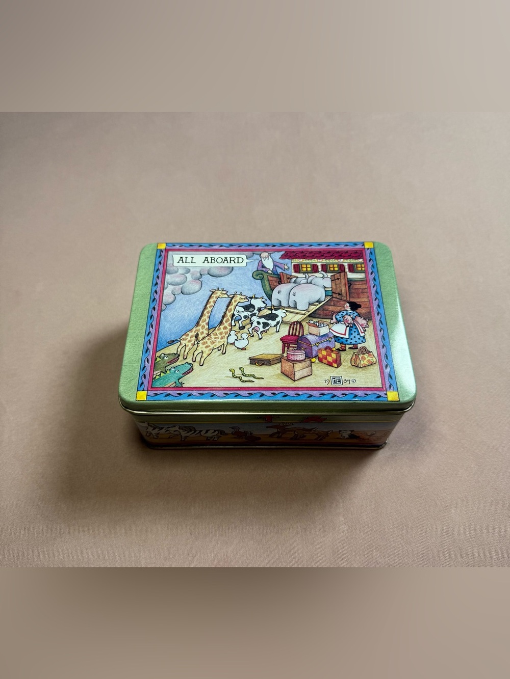 Vintage 1984 Mary Engelbreit Noah's Ark Tin Container "ALL ABOARD" Collectible